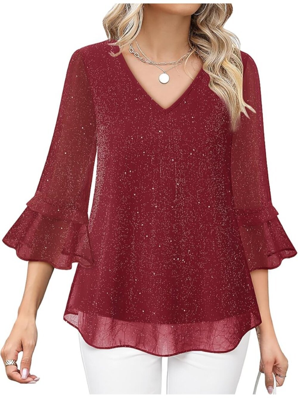 Women's Top Wine Casual Ruffle 3/4 Sleeves V Neck Floral Chiffon Blouses